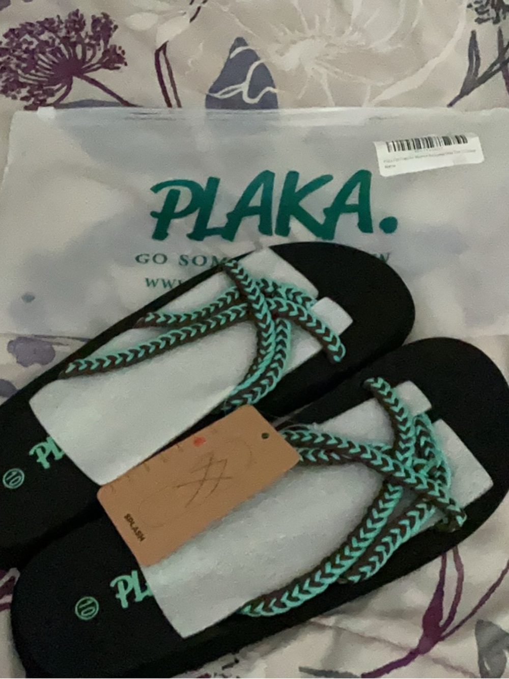 PLAKA Women’s Black Sandals with Teal Braided Straps